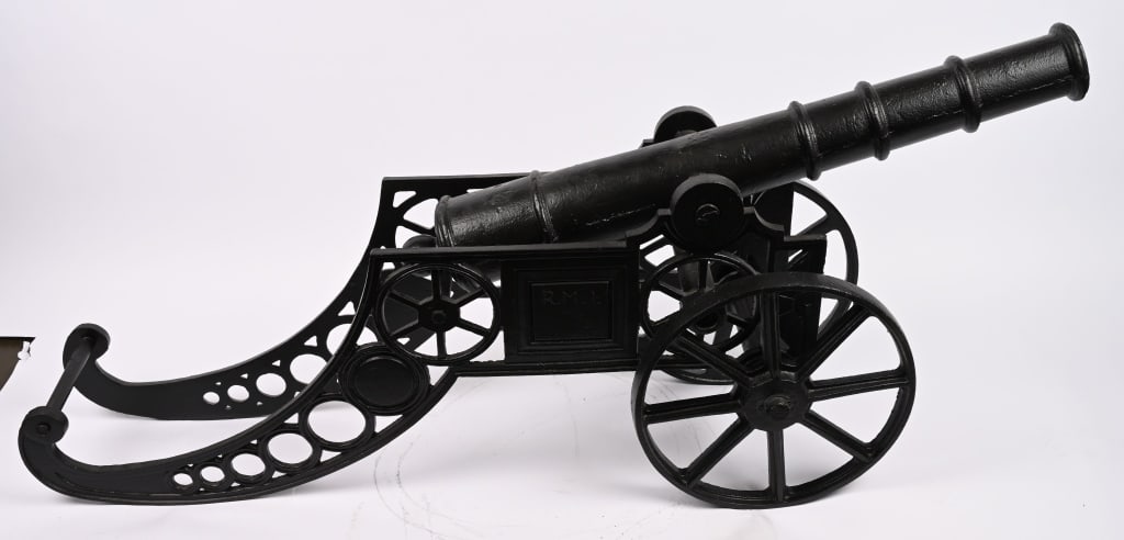 MASSIVE 200LB RMI CAST IRON YARD ARTILLERY CANNON: The RMI 5-Foot Cast Iron Replica Artillery Cannon is a substantial, non-firing military reproduction manufactured by Replica Models Incorporated during the mid- to late-20th century. Explicitly
