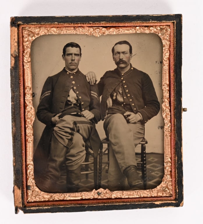 CIVIL WAR PARDS DOUBLE IMAGE OF ARTILLERYMAN BADGE: A very attractive Sixth Plate of Two Pards, a Corporal and his Friend, both in uniform. The soldier to the left is wearing an ID Shield and underneath it is most likely his Corps Badge. Both seated so