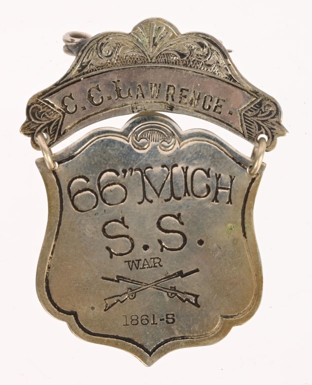 CIVL WAR BIRGE'S NAMED SHARPSHOOTERS LADDER BADGE: Named Birge's Sharpshooters Ladder Badge named to C.C. Lawrence and is in excellent condition Cook C. Lawrence Residence Havana, MI; 30 years old. Enlisted on 8/26/1862 at Detroit, MI as a Priv.