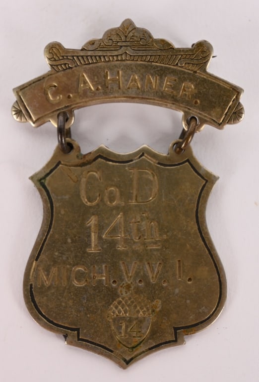 CIVIL WAR 14TH MICHIGAN INFANTRY LADDER BADGE NAMD: A very attractive Civil War Veterans Ladder Badge named to Charles Haner of Company D of the 14th Michigan Infantry. Excellent. Residence Meridian, MI; 20 years old. Enlisted on 8/13/18