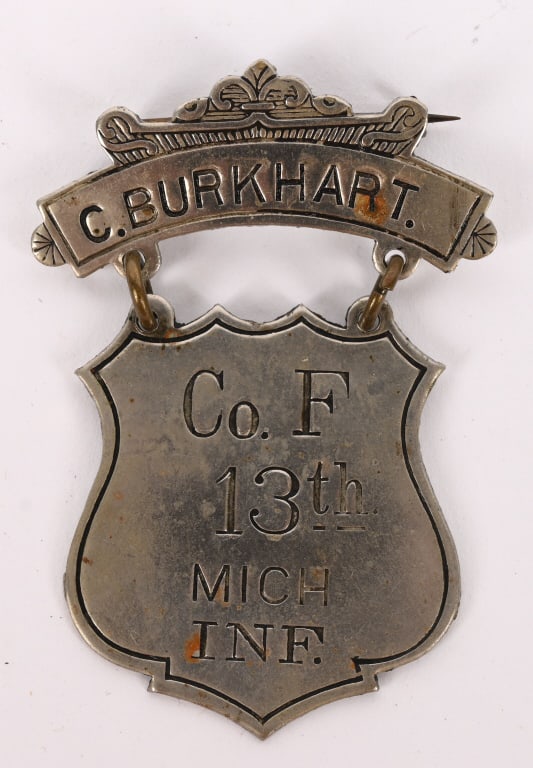 CIVIL WAR 13TH MICHIGAN INFANTRY LADDER BADGE NAMD: A very attractive Civil War Veterans Ladder Badge named to Charles Burkhart of Company F of the 13th Michigan Infantry. Excellent. Residence was not listed; 19 years old. Enlisted on 9/7/186