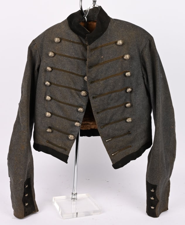 POST CIVIL WAR GEORGIA STATE MILITIA COATEE: Post Civil War Georgia Militia Coatee that is double breasted with nickel finished Georgia State Buttons that are hallmarked by Baker & McKenney. The gray wool coat with black facings could use a good