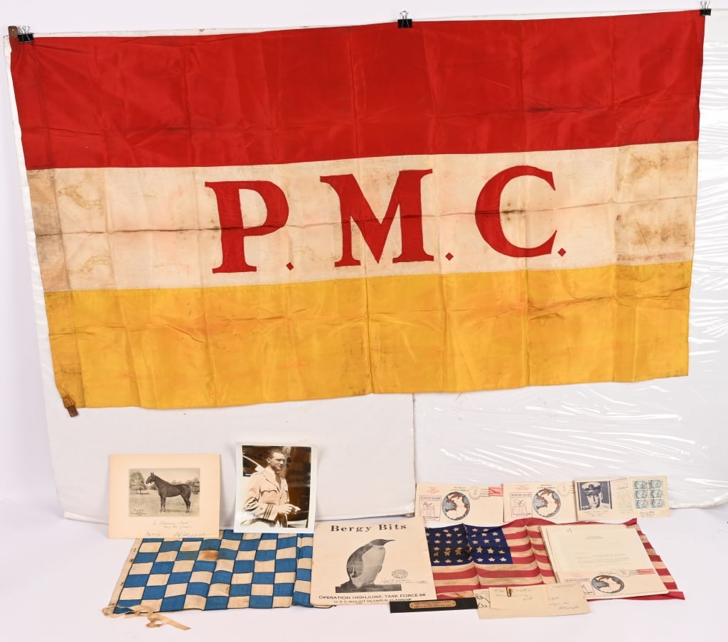 ADMIRAL RICHARD BYRD JR ARCHIVE LETTERS FLAGS: Large archive of Admiral Richard Byrd Jr. Lot include 1) Modern Photo Portrait and signed letter dated 1933. 2) OPERATION HIGHJUMP commemorative brochure Bergy Bits printed onboard flagship 