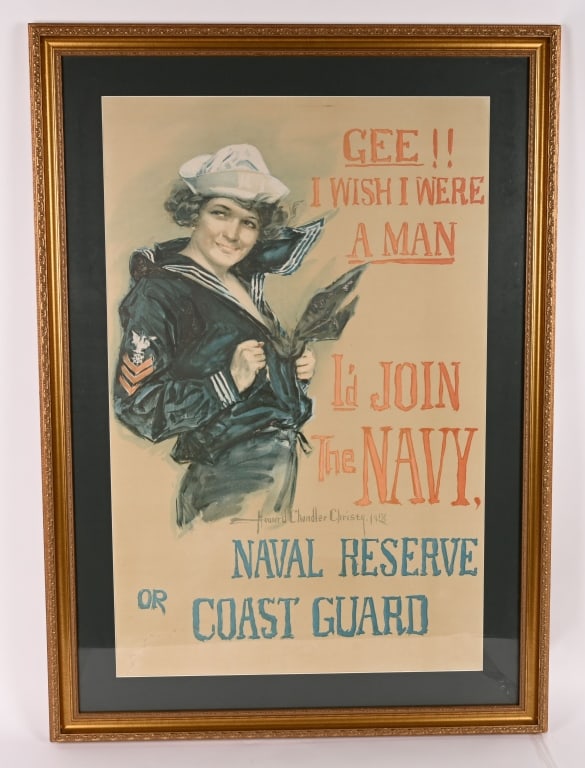 WW1 GEE!! I WISH I WAS A MAN US NAVY POSTER WWI: 1917 World War I US Navy recruitment poster by illustrator Howard Chandler Christy. It features an attractive "Christy Girl" in a fluttering sailor's uniform with the slogan: "Gee!! I wish I were a