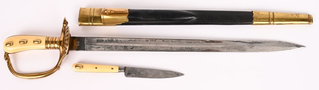 WWI IMPERIAL GERMAN FORESTRY CUTLASS BY WKC WW1: This example is constructed of fine quality brass mounts. The "D" guard is adorned with simulated deer hoofs. The hair of the hoof is hand-chiseled at the areas just above. Below the cross guard area
