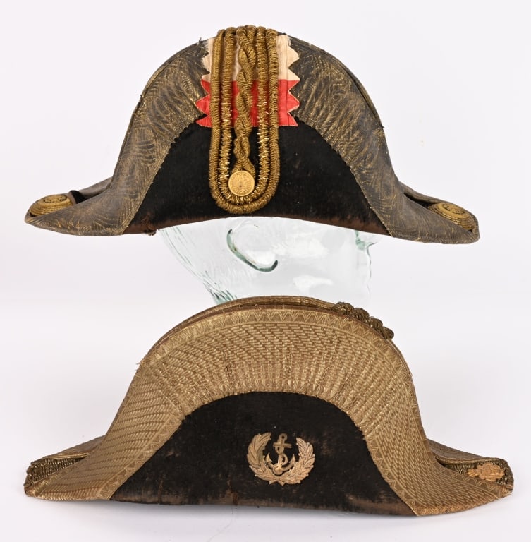 WWI IMPERIAL AUSTRIAN & EAST INDIA CO. BICORN HAT: Lot of two Bicorn Caps to include 1) EAST INDIA OFFICER'S BICORN HAT. Beaver pelt body with a wide gold gild bullion tape with the emblem of the East India Company to its side. Exterior is in