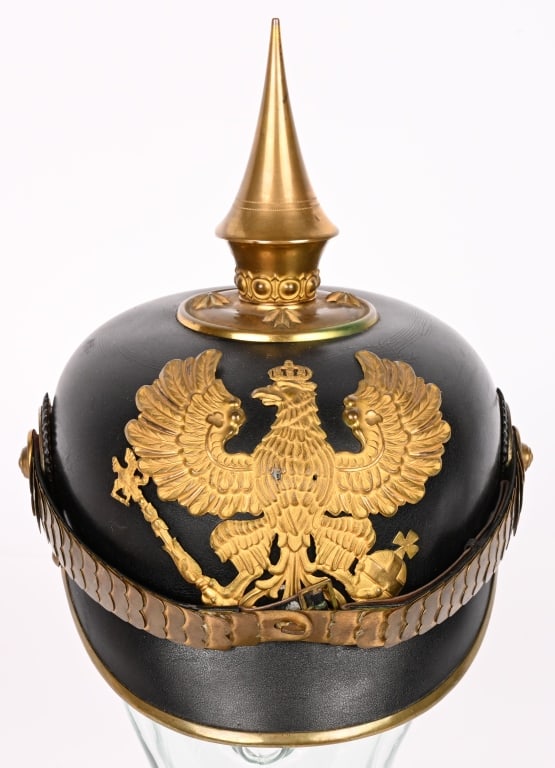 WWI IMPERIAL GERMAN PRUSSIAN OFFICER SPIKED HELMET: Very pristine Prussian reserve officer’s spiked helmet. Fantastic body and front and back visors with virtually no crazing. Cockades, chin scales and helmet plate all are original to the