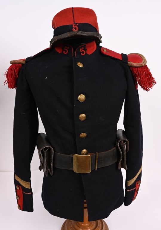 FRENCH 3RD REPUBLIC 5TH INFANTRY UNIFORM W KEPI: A very attractive, French Infantry Uniform Jacket, Leather Ammunition Belt and Kepi. The red and blue wool body of the Kepi is in excellent condition with a leather visor and chinstrap. The inter
