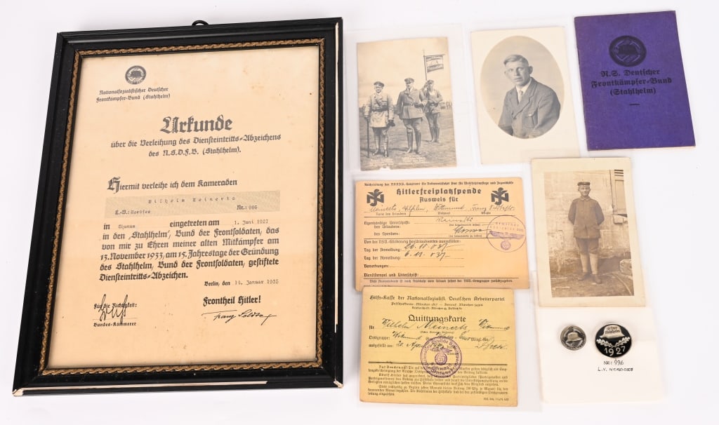 WWI VETERANS DER STAHLHELM GROUPING BADGES DOCS: WWI Veterans Der Stahlhelm grouping named to Wilhelm Reinerts with Photo ID Book, Certificate of Membership, his Ausweis and Membership Badges. Der Stahlhelm, Bund der Frontsoldaten (German