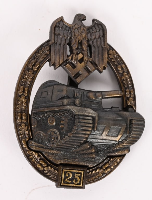 WWII NAZI 25 ENGAGEMENT PANZER ASSAULT BADGE JFS: Large, three piece, die struck alloy construction, scooped backed, badge with bronze, burnished gray, gilt and black washes, is in the form of a broad, vertically oval oak-leaf wreath with a Wehrmacht