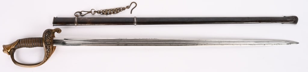 WWI IMPERIAL GERMAN SAXONY M1867 OFFICER SWORD WW1: WWI Imperial German Saxony M1867 Engraved Blade Officers Sword measuring 37 inches overall with a 31 inch double fullered straight blade that is engraved C. A. Westmann Dresden Eisenhauer Garantiert &