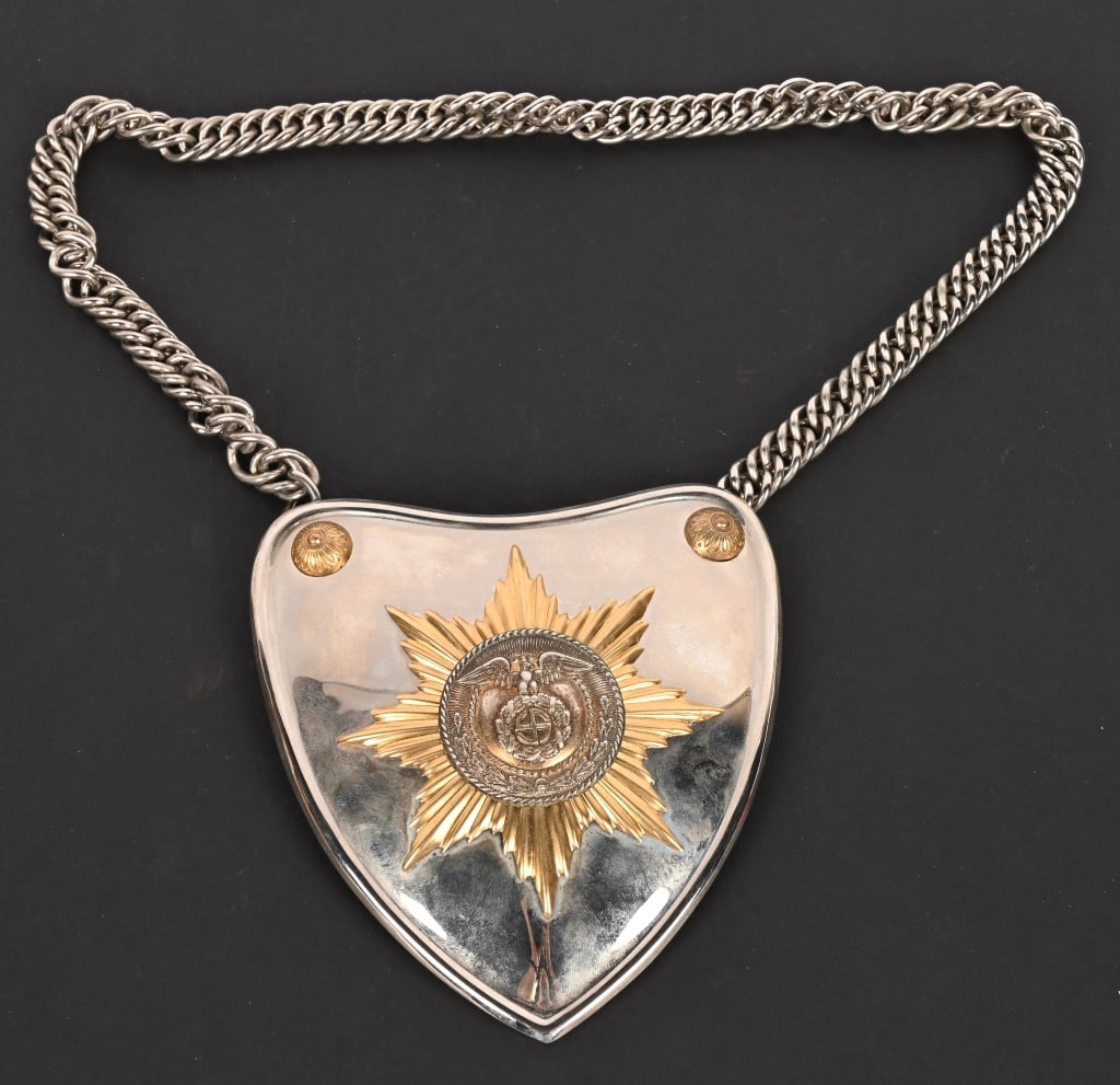 WWII NAZI GERMAN SA / SS GORGET WITH CHAIN WW2: Very nice multi-piece stamped brass construction heart shaped gorget with a heavy nickel/silver plating. Outside edge has a raised rolled back border lip. Upper corners of obverse each have a small or