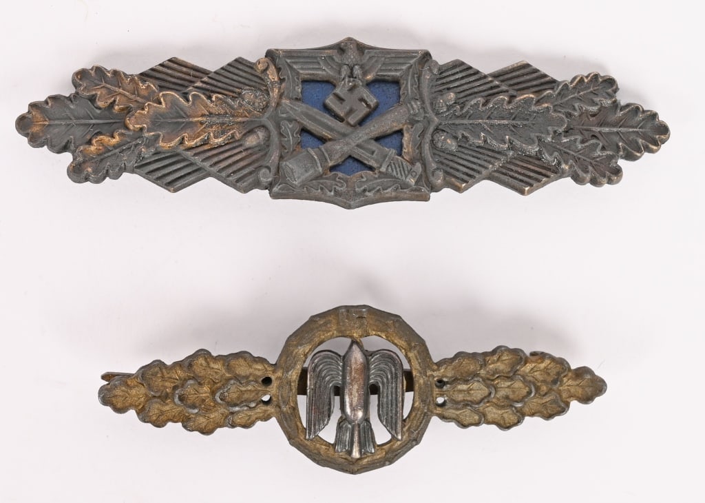 WWII NAZI GERMAN MEDAL CLOSE COMBAT DIVE BOMBER: Lot of two Nazi German Medals to include 1) CLOSE COMBAT CLASP, IN BRONZE. Nicely detailed, injection molded, alloy construction clasp with a bronze washed finish. The clasp is in the form o