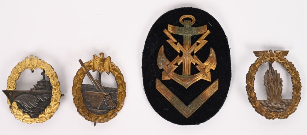 WWII NAZI GERMAN KRIEGSMARINE BADGE LOT WW2: Lot of WWII Nazi German Kriegsmarine Badges to include 1) COASTAL ARTILLERY WAR BADGE. Die struck, zinc alloy construction badge is in the form of a gilt washed, vertically oval, oak-leaf wr