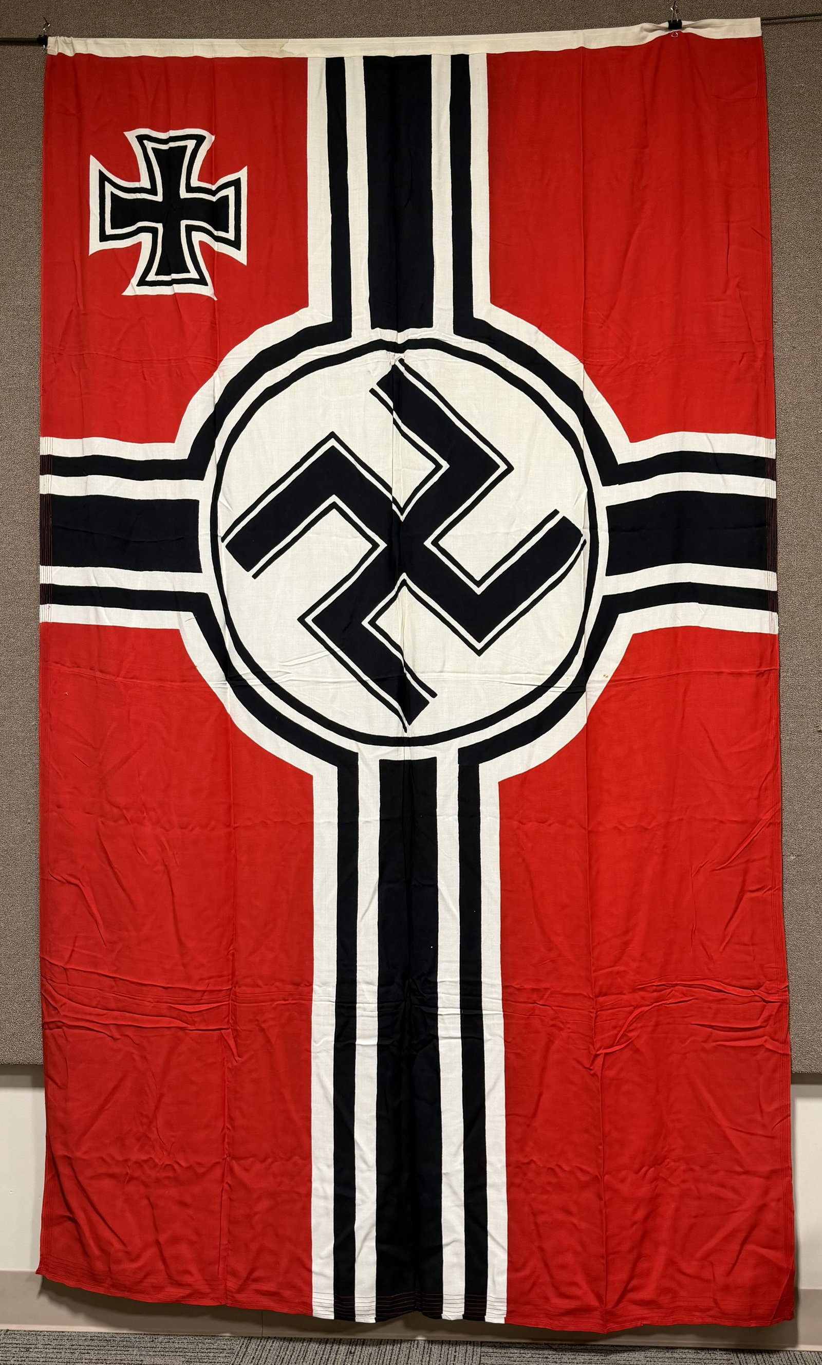 WWII NAZI GERMAN KRIEGSMARINE BATTLE FLAG 200X335: Second pattern, (Circa 1937/38-1945), single piece, dual sided, printed cotton/linen construction national war flag. The flag features a red base field with a central white/black/white/black bordered 