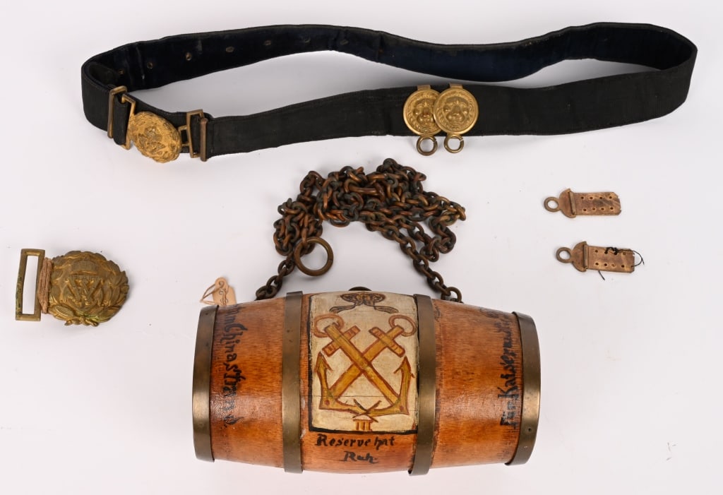 IMPERIAL GERMAN KAISERLICHE MARINE CANTEEN BELT: Imperial German Lot of Imperial German Kaiserliche Marine items to include 1) RUM PATROL WOOD CANTEEN. A very attractive Imperial German Wood Canteen with the hand painted insignia of the