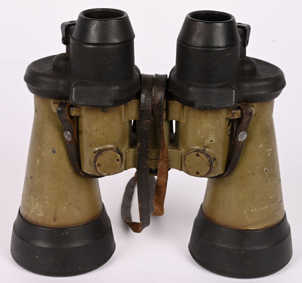 WWII NAZI GERMAN U-BOAT BINOCULARS BLC WW2: Tooled alloy construction, 7 x 50, power, (7 power magnification with a 50mm diameter objective lens), binoculars with black rubber fittings. The lens bodies retain all of their original, coarse, roug