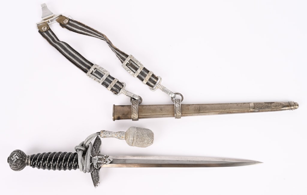 WWII NAZI GERMAN LUFTWAFFE OFFICER DAGGER WW2: A rare Luftwaffe Funeral Dagger with roughly 29cm long bright nickel/silver plated double edged drop forged steel stiletto style blade with a flat central plane. The leather washer is still intact. Th