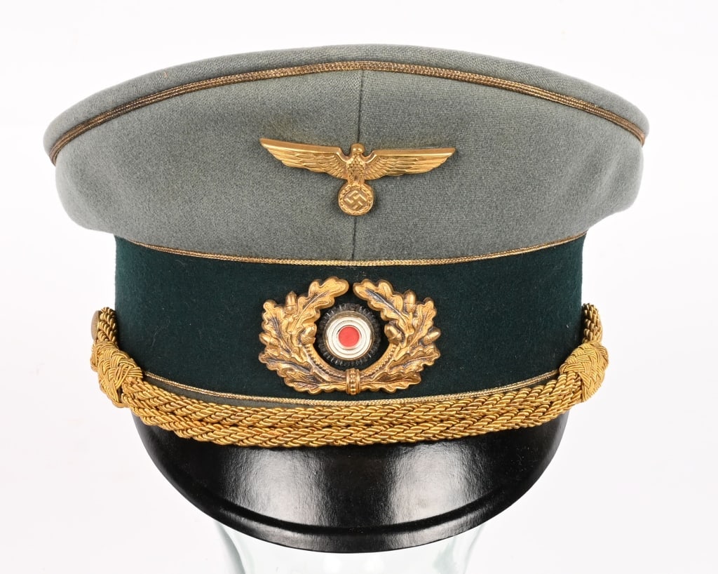 WWII NAZI GERMAN WEHRMACHT GENERALS VISOR HAT WW2: WWII Nazi German Named General's Officers Visor Cap. Nice quality, private purchase, field-gray wool construction visor cap features a blue/green, badge cloth centerband and gold wire piping to the cr