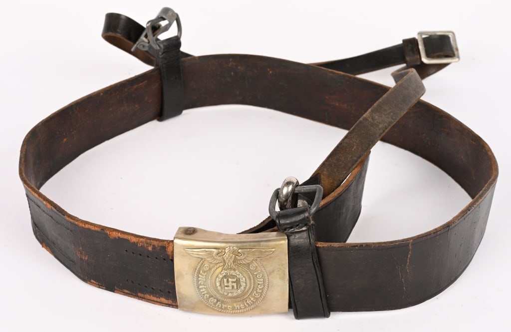 WWII NAZI GERMAN SS BELT AND BELT BUCKLE O&C: Early, (circa 1932 1934), die stamped, solid nickel/silver construction, box belt buckle features a smooth, outer field with a high relief, embossed, central motif pattern consisting of an SS style na
