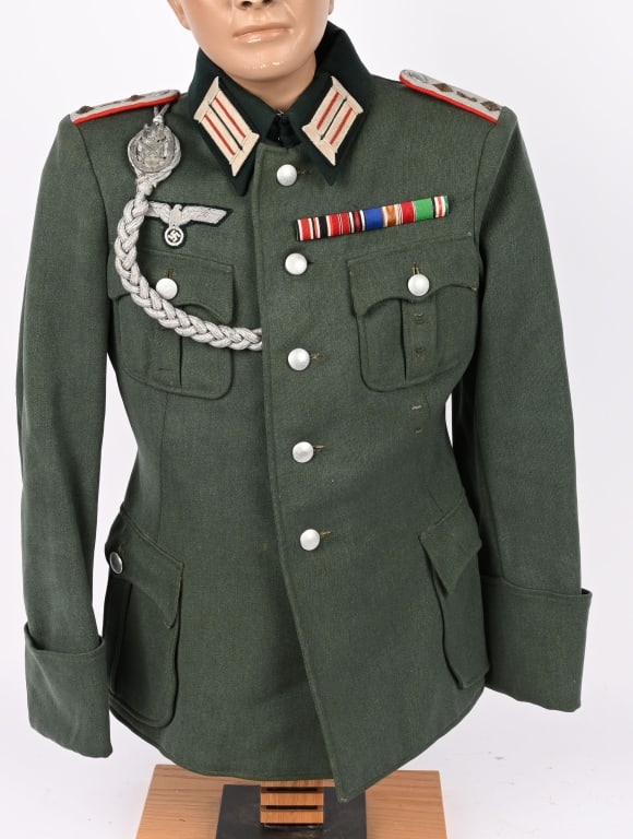 WWII NAZI GERMAN ARTILLERY CAPTAINS M36 TUNIC WW2: Nice quality, private purchase, field-gray wool/rayon blend construction tunic. The tunic features a vertical, five button front closure with dual metal hooks and eyes at the neck. The tunic has four,