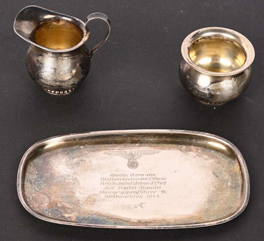 WWII NAZI GERMAN SS TEA SET GIFT TO MARTIN BORMANN: A very attractive tea set that was given to Martin Bormann from Adolf Hitler. The set includes a small Silver Hallmarked plate by Wilkens measuring 7 inches and is beautifully engraved with an SS Eagl