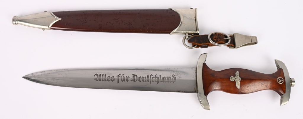 WWII NAZI GERMAN SA DAGGER BY HAENEL WW2: Double edged, nickel/silver plated, drop forged steel construction blade with a low central ridge. The blade is near mint and bright with some runner marks and most of the original cross-graining is s