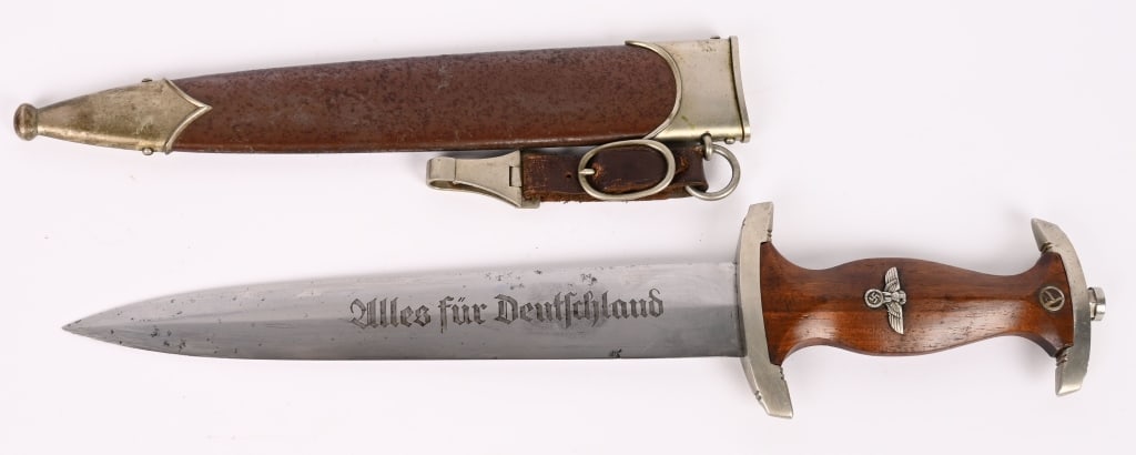 WWII NAZI GERMAN SA DAGGER ENGRAVED TO GROUP 282: Early, (Circa 1933-1934), nice quality dagger features a roughly, 8 3/4", (22.3 cm), long, double edged, nickel/silver plated, drop forged steel construction blade with a low central ridge and a full 