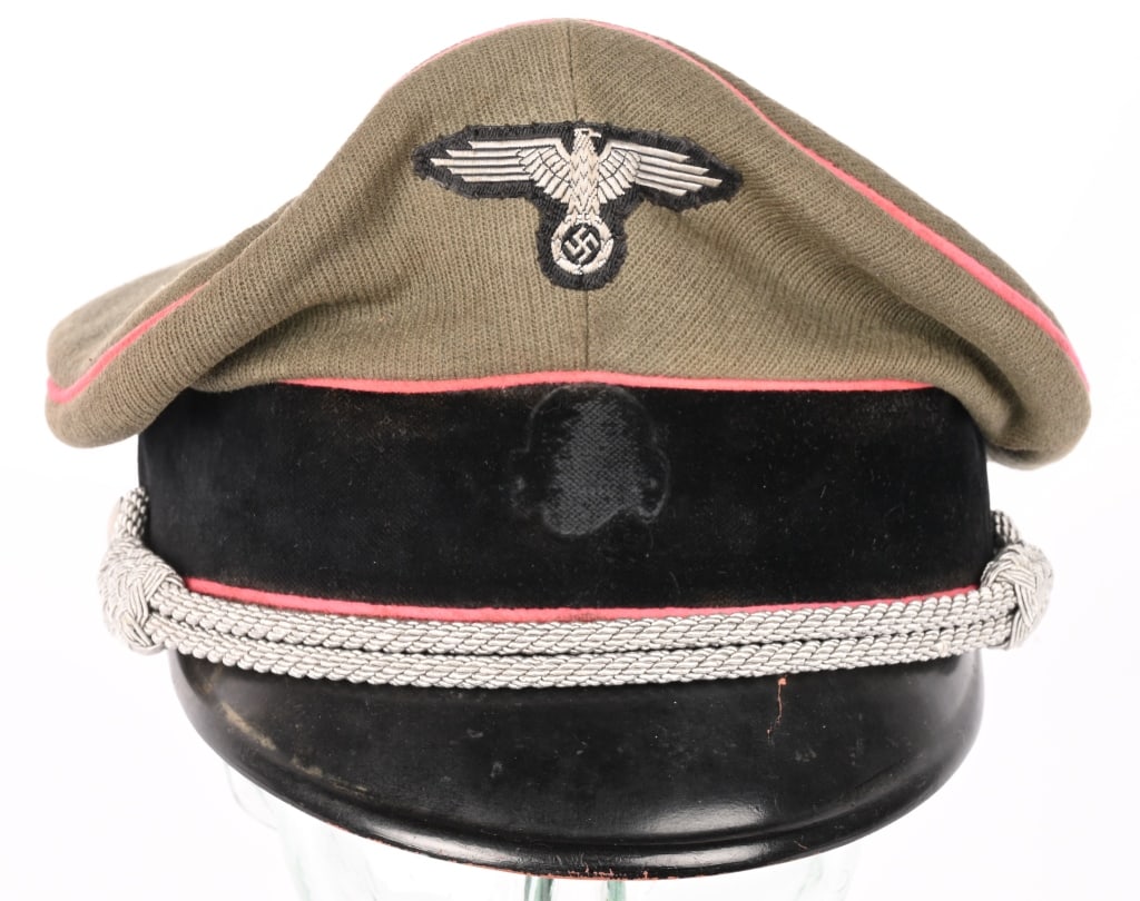 WWII NAZI GERMAN WAFFEN SS PANZER VISOR HAT WW2: Private Purchase, field-gray wool/tricot blend construction, visor cap with a pronounced whipcord weave features a wide, black wool centerband and pink wool piping to the top of the crown edge and bot