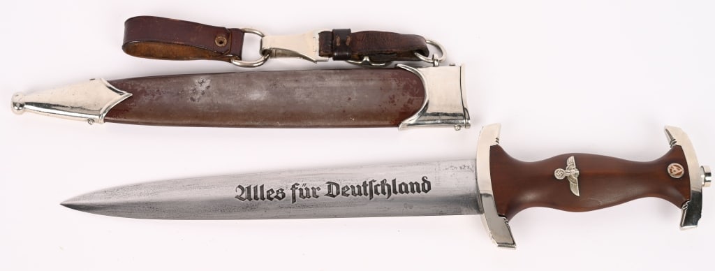 WWII NAZI GERMAN SA DAGGER BY F. HERDER A.S. WW2: Nice quality dagger features a roughly, 8 3/4", (22.2 cm), long double edged nickel/silver plated drop forged steel construction blade with a low central ridge and a full length, including the hilt, o