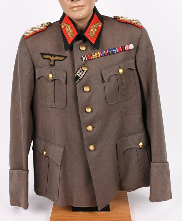 WWII NAZI GERMAN NAMED PANZER GENERAL JACKET WW2: Beautiful private purchase M36 General Officer's tunic made by Julius Höllerl of Furstenfeld. Tunic is named on the interior pocket to: Leo Dietrich Franz Reichsfreiherr Geyr von Schweppenburg wh