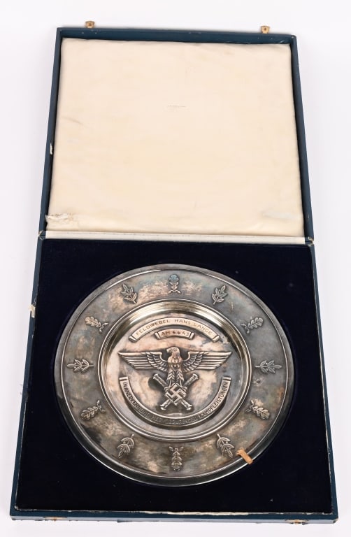 LUFTWAFFE HONOR SALVER DISTINGUISHED ACHIEVEMENT: An extremely rare cased example of this award, in Alpaka by Johann Wagner & Sohn, with name, rank and award date engraved to the obverse: "FELDWEBEL HANS LANCE AM 6.6.43", finely toned and extremely f