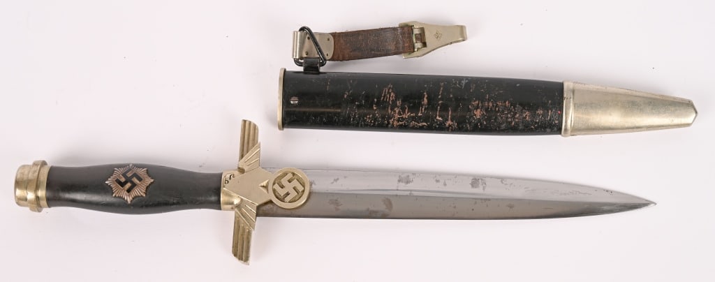 WWII NAZI GERMAN RLB DAGGER BY KRONECK EM TYPE II: KRONECK in triangle with crown and ERNST ERICH WITTE, SOLINGEN below TM. nickel plated hilt fittings show light surface wear with no damage to pommel and crossguard with art deco stylized RLB eagle on