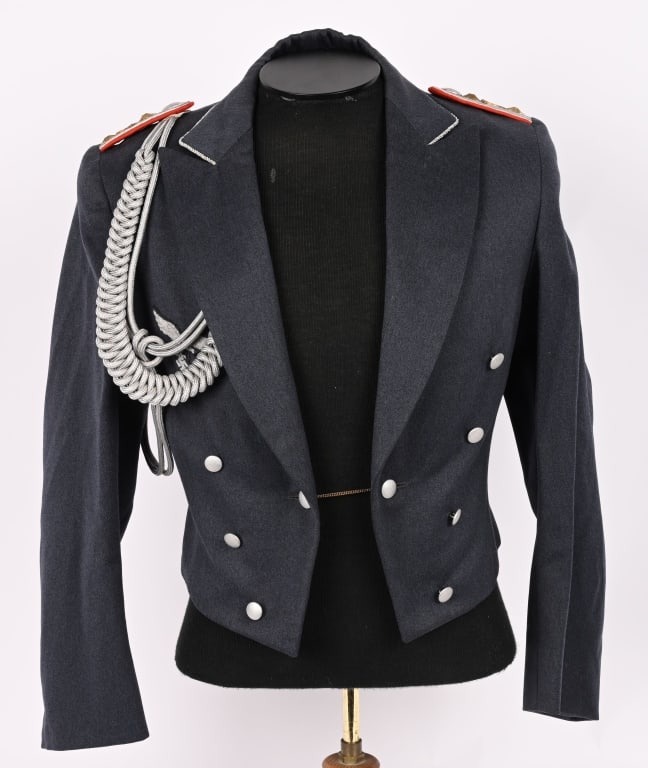 WWII NAZI GERMAN LUFTWAFFE FLAK OFFICERS TUNIC WW2: This stunning Luftwaffe officer’s formal dress uniform to a Flak Captain of Hauptman and made of fine quality blue/gray wool. The shoulder boards silver/aluminum Russian braid with two, silver w