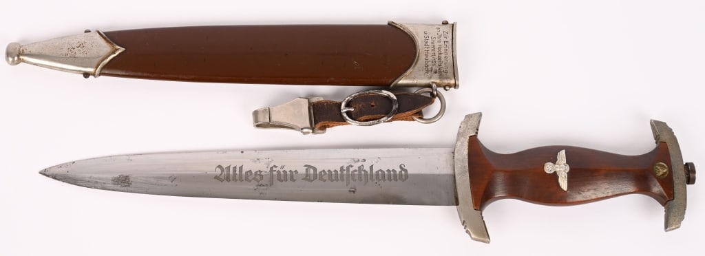 WWII NAZI GERMAN SA DAGGER ENGRAVED WEDDING GIFT: This SA Dagger is a very nice example with a nickel tang nut and guards. The grip is an early example being a typical RZM type with a high center ridge. It remains in perfect condition and nicely fits
