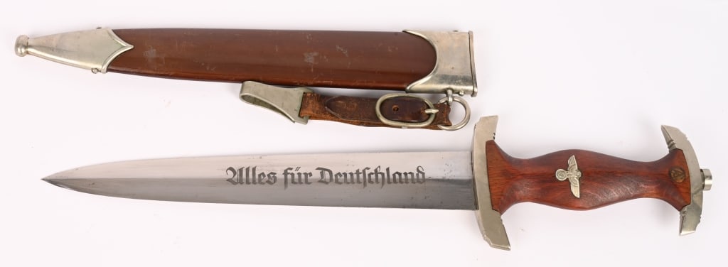 WWII NAZI GERMAN SA DAGGER BY E. PACK INSCRIBED: Early, (Circa 1933-1934), nice quality dagger features a roughly, 8 3/4", (22.3 cm), long, double edged, nickel/silver plated, drop forged steel construction blade with a low central ridge and a full 