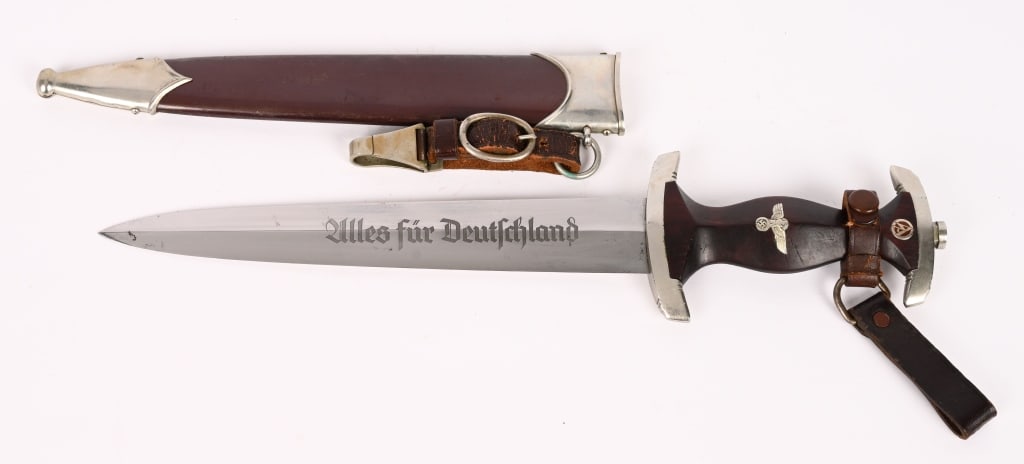 WWII NAZI GERMAN SA M33 DAGGER F. DICK WW2: Early, (Circa 1933-1934), nice quality dagger features a roughly, 8 3/4", (22.3 cm), long, double edged, nickel/silver plated, drop forged steel construction blade with a low central ridge and a full 