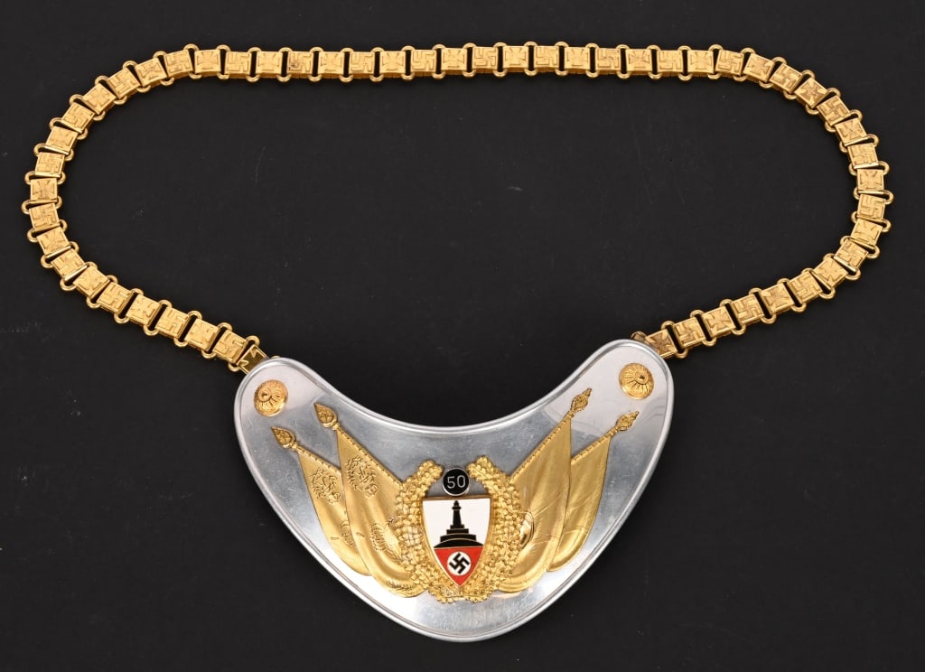 WWII NAZI GERMAN 50 DRKB FLAGBEARER'S GORGET WW2: Very nice early (circa 1937) multi-piece stamped polished natural aluminum construction heart shaped 50 gorget base with a separate fire gilted and multi-colored enamel work face plate. All complete