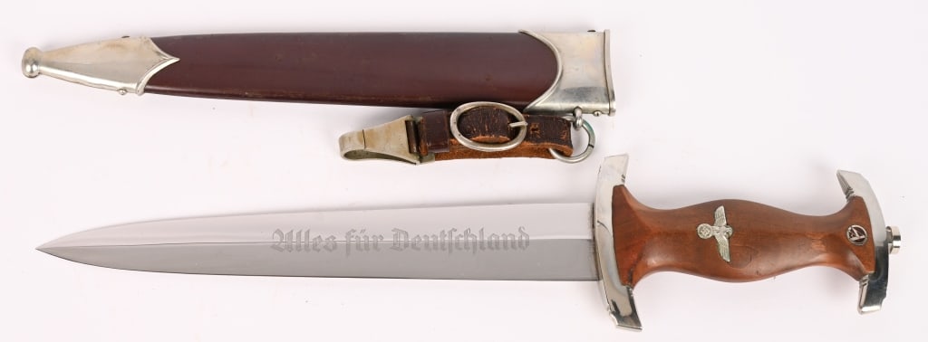 WWII NAZI GERMAN SA DAGGER BY EMIL VOOS WW2: Early, (Circa 1933-1934), nice quality dagger features a roughly, 8 3/4", (22.3 cm), long, double edged, nickel/silver plated, drop forged steel construction blade with a low central ridge and a full 