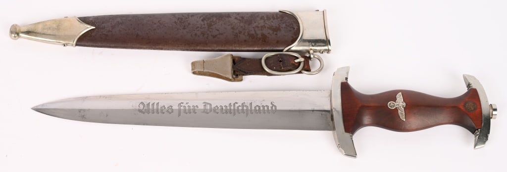WWII NAZI GERMAN SA M33 DAGGER GROUND RÖHM WW2: Early, (Circa 1933-1934), nice quality dagger features a roughly, 8 3/4", (22.3 cm), long, double edged, nickel/silver plated, drop forged steel construction blade with a low central ridge and a full 