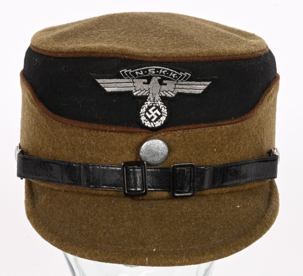 WWII NAZI GERMAN NSKK SERVICE KEPI SIZE 55 WW2: Standard, "coffee-can" shaped, olive green, wool/tricot blend construction, NSKK service kepi with a pronounced whipcord weave, features side and back panels with a gently scalloped downward slope to 
