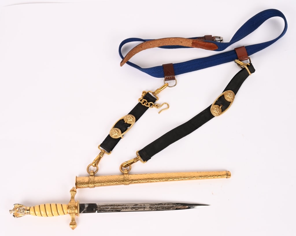 WWII NAZI GERMAN KRIEGSMARINE DAGGER W/ HANGERS: Roughly a 25cm long nickel/silver plated drop forged steel construction stiletto style blade with dual narrow central fullers to each side. Nice double etching to the blade. The blade is bright and cl