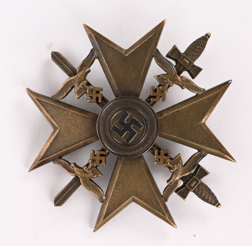 WWII NAZI SPANISH CROSS IN BRONZE W SWORDS CEJ WW2: Nicely detailed, convexed, multi-piece, die struck bronze construction award in the form of a Maltese style cross with circular center piece, with embossed canted swastika, encompassed by two circular
