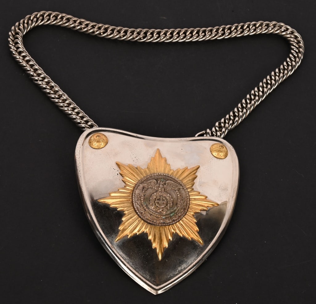 WWII NAZI GERMAN SA / SS GORGET WITH CHAIN WW2: Very nice multi-piece stamped brass construction heart shaped gorget with a heavy nickel/silver plating. Outside edge has a raised rolled back border lip. Upper corners of obverse each have a small or