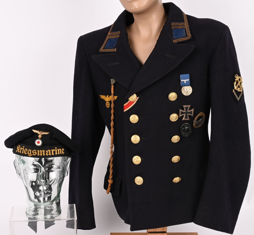 WWII NAZI GERMAN KRIEGSMARINE PEA COAT W CAP WW2: Nice quality, Kriegsmarine, navy blue wool construction, three quarter length, double breasted style jacket with fold back, upswept, peak lapels and a small lay down collar. The jacket features two, v