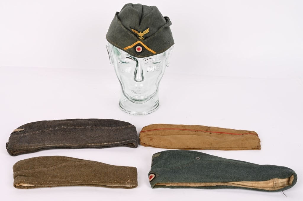 WWII NAZI GERMAN OVERSEAS CAP HEER LUFTWAFFE HJ: WWII Nazi German Overseas caps lot to include 1) COASTAL ARTILLERY EM/NCO'S OVERSEAS CAP.. Kriegsmarine cut, field-gray wool/rayon blend construction, overseas cap features fold down side and back pan