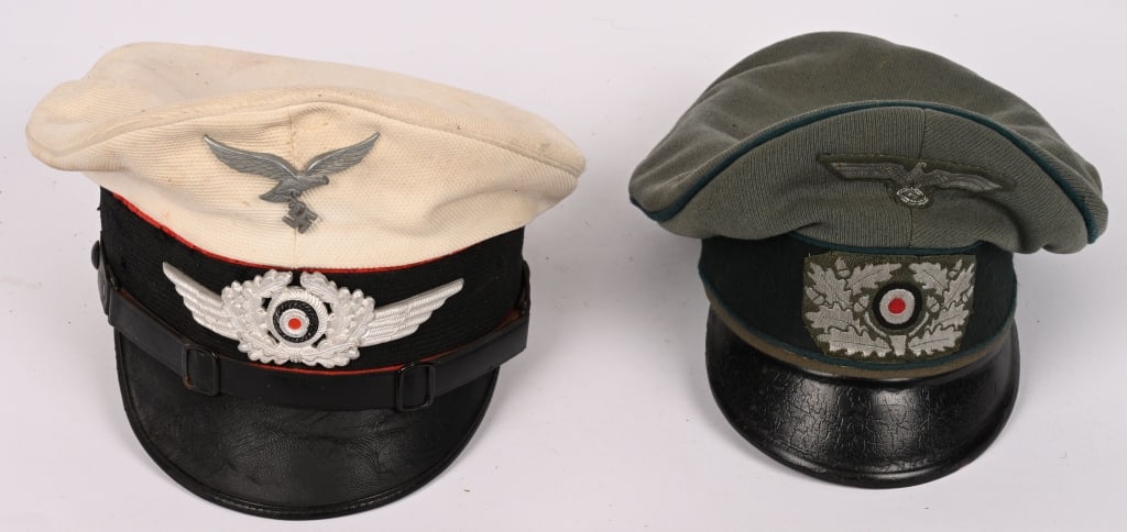 WWII NAZI GERMAN VISOR HAT LOT LUFTWAFFE HEER WW2: WWII Nazi German lot of headgear to include 1) WWII NAZI GERMAN LUFTWAFFE WHITE TOP VISOR HAT WW2. Nice quality private purchase pre-June 1937 EM/NCO’s white top visor cap consists of a removabl