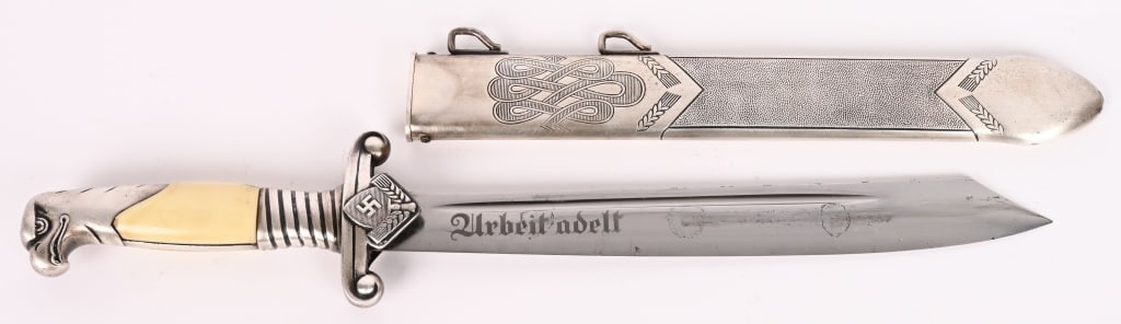WWII NAZI GERMAN RAD LEADERS DAGGER BY EICKHORN: A Model 1937 Reichsarbeitsdienst Führer Haumesser by Ernst Carl Eickhorn of Solingen. The matte blade on this one is in excellent condition. It also displays wonderful details throughout, with th