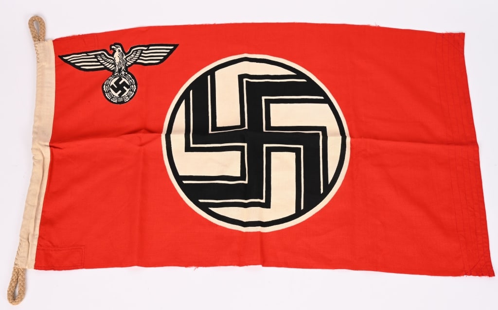 WWII NAZI GERMAN STATE SERVICE FLAG .50X.85 KM WW2: A 1935 pattern, double sided, printed, cotton/linen construction flag. The flag features a red base field white with a white, central, circular field with a black and white bordered, black static swas