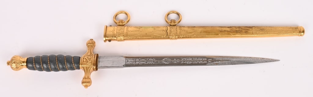 WWII NAZI GERMAN WATER POLICE PROTECTION DAGGER: German Water Police Protection Dagger by Eickhorn. This has solid brass hilt fittings which show excellent detail. The blue leather handle exhibits minimal wear. The brass plated scabbard is the light